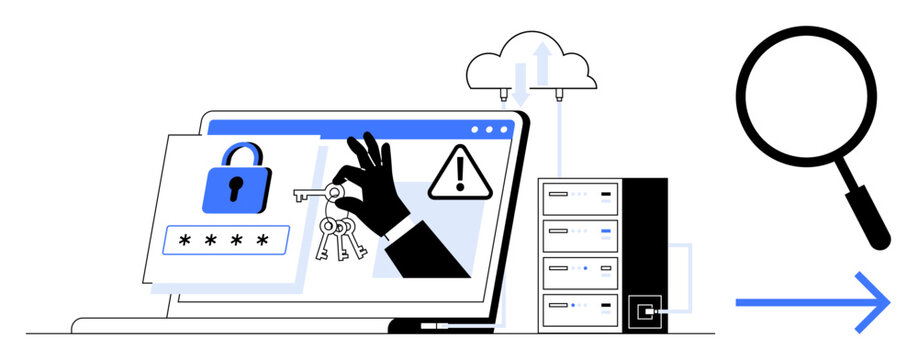 Cybersecurity concept. Cybersecurity with a laptop screen showing lock and key symbols, server stack, warning icons, and cloud upload. Cybersecurity for data protection, IT systems, business, online