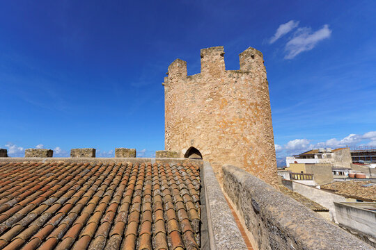 Detail of the Ochre Stone Masonry and Ancient Texture of the Medieval Castello dei Conti di Modica Tower in Alcamo