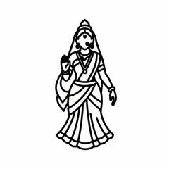Fototapeta premium Minimalist black and white outline vector illustration of a traditional Indian woman in a saree, with jewelry and a bindi, performing a blessing gesture