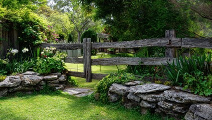 Rustic Wooden Fence Gate in Lush Green Garden with Stone Walls and Sunlight.