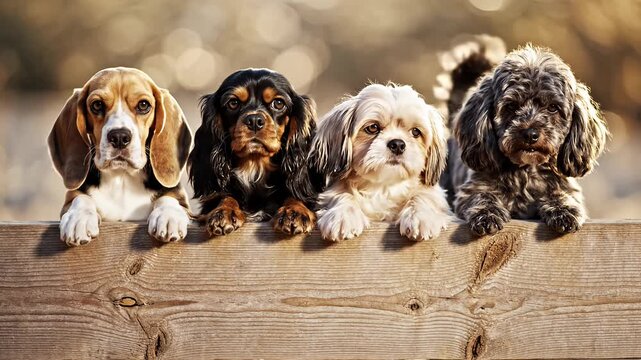 Four diverse puppies looking over a rustic wooden fence outdoors