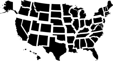 Vector illustration of United States map with selected states highlighted in black silhouette for geographic or statistical representation © Umme
