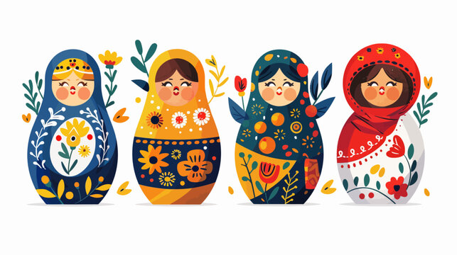 Four decorated matryoshka dolls stand in a row against a white backdrop, stylized and flat