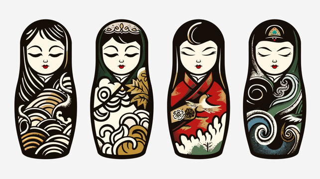 Four stylized nesting dolls, each uniquely adorned in cultural motifs and patterns