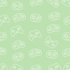 Gaming joystick controller seamless repeat pattern design on light green color background with  gamepad outline illustration © monjursamit