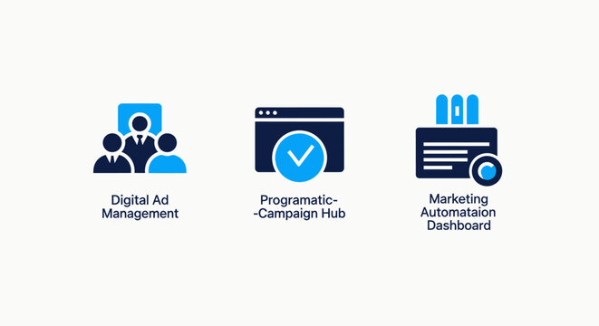 Digital marketing icons: management, programmatic campaigns, and automation dashboard