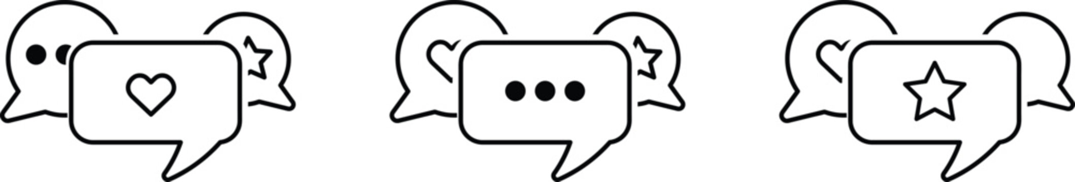 A set of three black and white icons of speech bubbles with a heart, star, and dots isolated on white background, illustration
