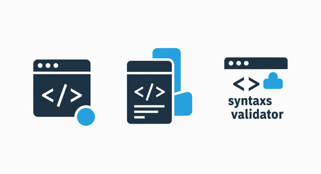 Code syntax validator and programming icons representing web development and software engineering concepts