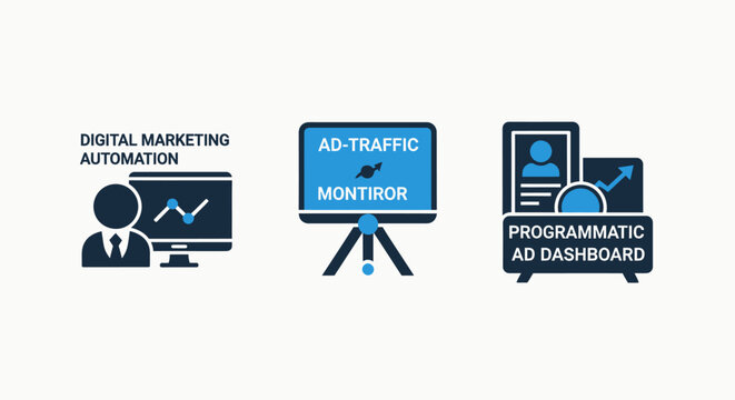 Digital marketing automation and programmatic ad dashboard icons: performance charts, traffic monitoring, and user interfaces