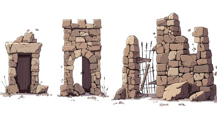Ruined stone structures a doorway, a tower, gated ruin, and more crumbling stone walls