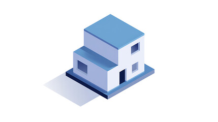 Modern Isometric House Illustration: Stylized Two-Story Dwelling with Blue Accents and Subtle Shadow, Ideal for Architectural Concepts and Digital Design