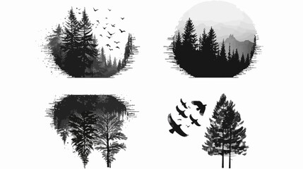 Four monochrome illustrations of nature scenes forest, birds, and trees in circular and abstract settings