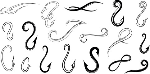 Fototapeta premium A collection of various fishing hook illustrations on transparent background