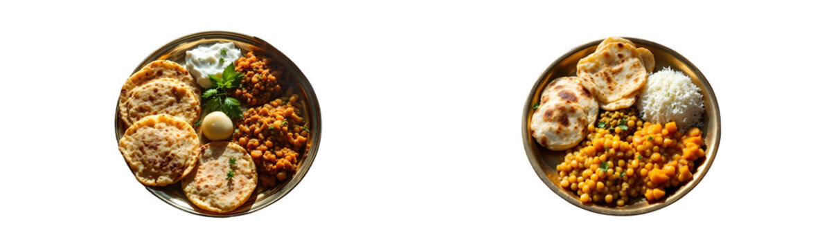 Overhead shot of a brass plate filled with luchi, cholar dal, aloo dum, and payesh, arranged on a vibrant, hand-painted
