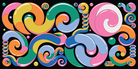 Fototapeta premium Abstract candy swirls background with colorful glossy shapes illustration