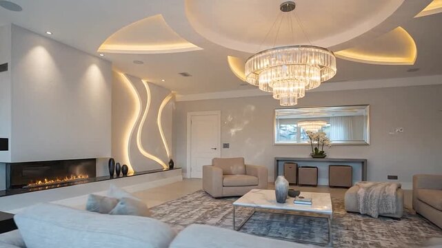 Luxurious modern living room interior with elegant crystal chandelier, contemporary fireplace, and stylish decor, featuring artistic lighting.
