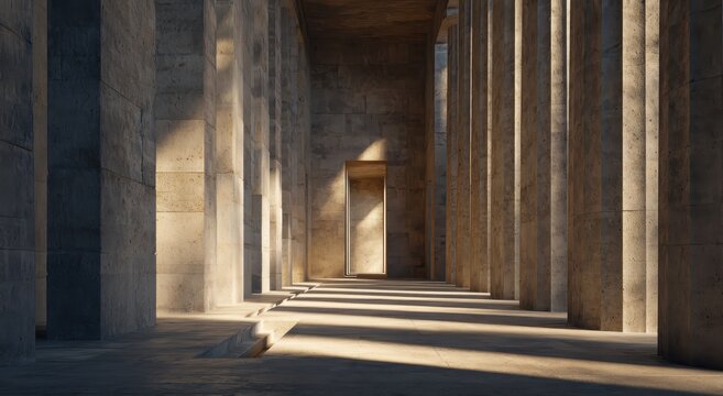 Ancient Temple Hallway - Sunlit Columns and Shadows Create a Dramatic Perspective.