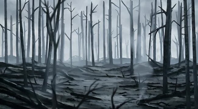 Somber forest animation showing desolate skeletal trees beneath a muted gray sky, low-angle view