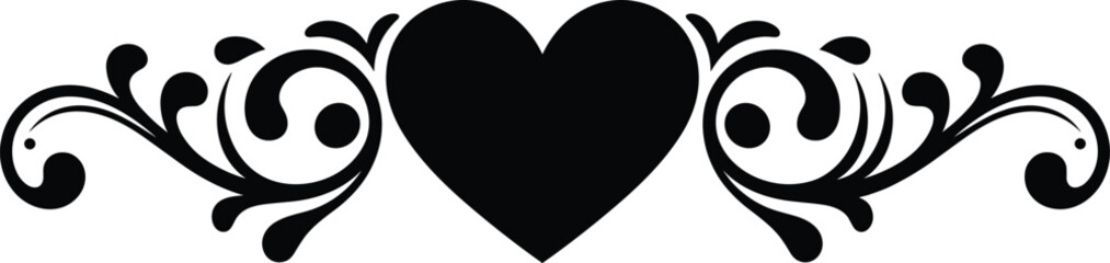 Symmetrical decorative heart silhouette with ornate swirling floral patterns, elegant romantic design featuring leaves, dots, balanced ornamental vector artwork © Its Butterfly