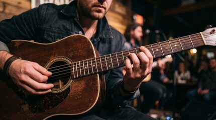 Obraz premium Man playing acoustic guitar in a dimly lit room with audience