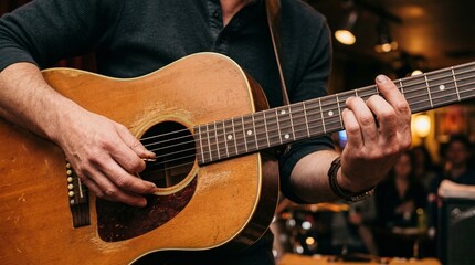 Fototapeta premium Man playing acoustic guitar in music venue with blurred audience