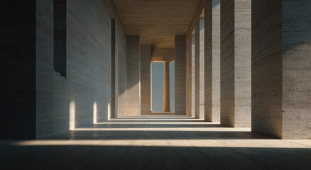 Fototapeta premium Architectural Corridor with Sunlight and Shadows, Minimalist Concrete Design.