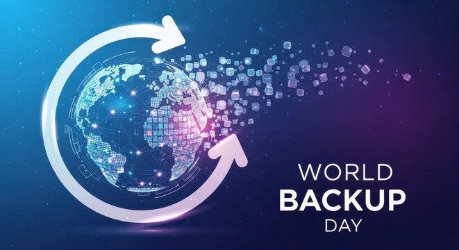 Vibrant 3D illustration of a glowing globe with a circular arrow symbolizing World Backup Day, set against a futuristic digital network background with purple and blue lighting for a tech-savvy mood.