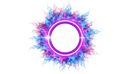 A vibrant purple ring with a neon glow surrounded by colorful flames on transparent background