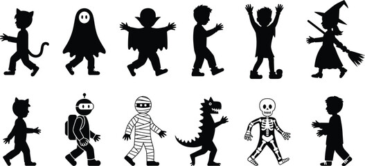 Halloween silhouettes of children in festive costumes, spooky characters, playful trick-or-treat, celebration, diversity, creativity, seasonal holiday fun