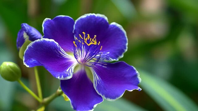 Vibrant purple flower with yellow stamens in a lush green environment