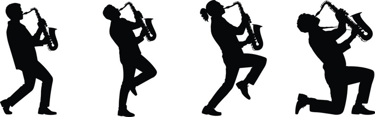 Dynamic saxophone player silhouettes in expressive jazz performance poses, musical illustration showing energy, rhythm, passion, creativity, artistic stage design © Its Butterfly