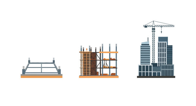 Construction Stages: Foundation, Framing, and Finished Skyscraper