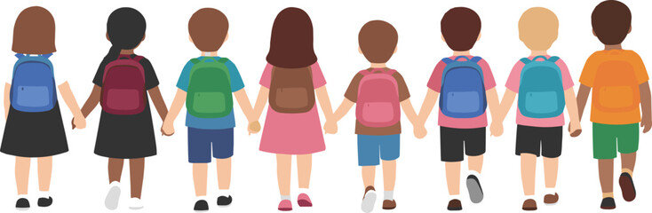Fototapeta premium Diverse group of primary school children holding hands and walking together showing rear view perspective isolated flat vector illustration for friendship and education concepts.