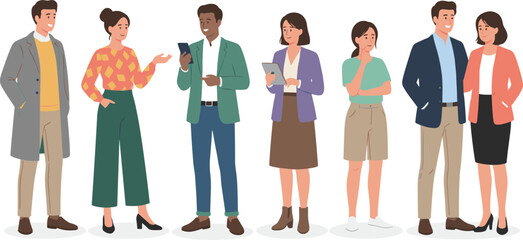 Obraz premium Diverse group of young professionals and couples standing together using digital devices and gesturing in casual business attire isolated flat vector illustration.