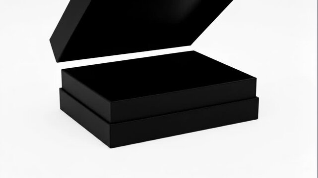 A black, rectangular box with lid open, showcasing empty interior