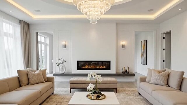 Elegant modern living room interior with luxurious crystal chandelier, comfortable sofas, and contemporary electric fireplace.
