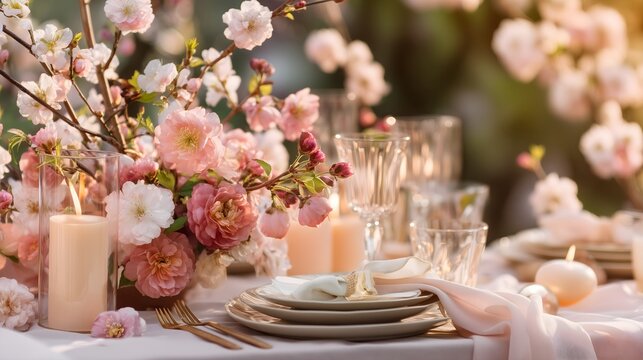 Romantic spring table setup with flowers and candles in soft natural light