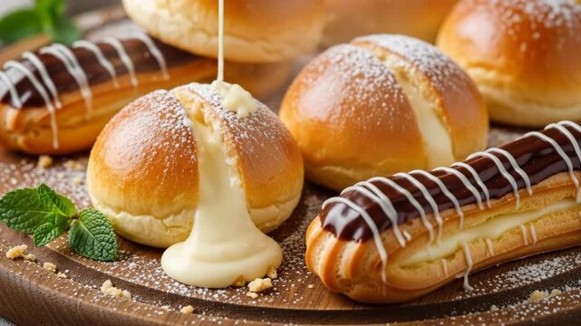 A plate of assorted sweet pastries, including eclairs and cream-filled buns, topped with powdered sugar and chocolate icing