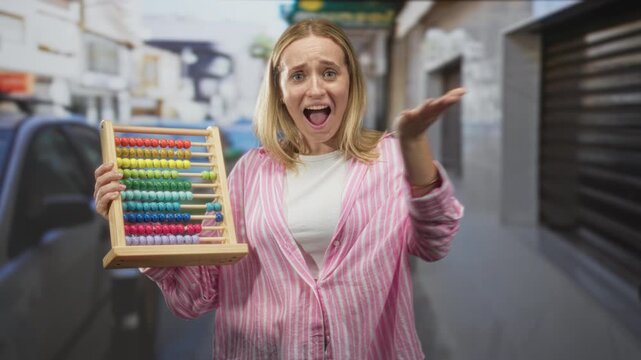 Woman holding wooden abacus, points finger to colorful beads on a street wearing a pink shirt; playful learning.