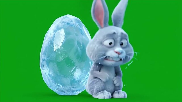 Shivering Cold 3D Grey Bunny Freezing Next to Large Crystalline Ice Easter Egg on Green Screen 4K Seamless Loop