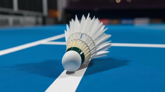 A shuttlecock lies on a blue sports court with white lines