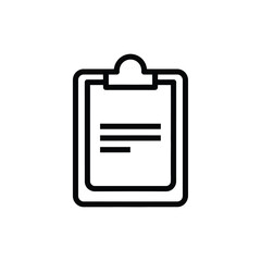 A simple black line icon of a clipboard with a document
