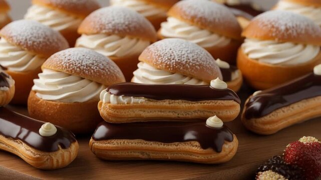 A tray of assorted cream-filled pastries with chocolate and icing toppings