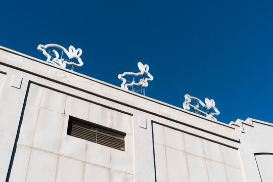 Rabbit displays on the roof of the children&rsquo;s literature museum The Rabbit hOle, North Kansas City, Missouri. December 2025