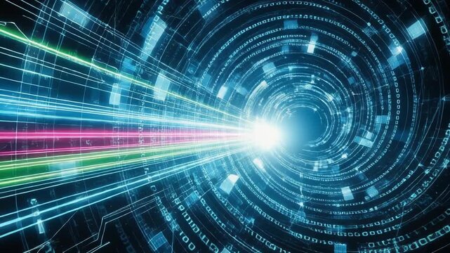 A bright light radiates from the center of a dark blue tunnel filled with streaks of green, pink, and blue light