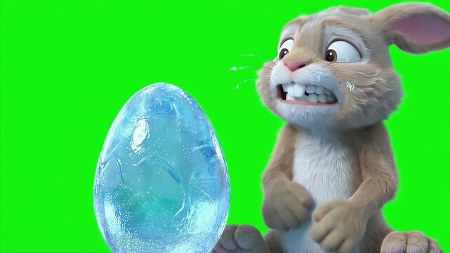 Funny 3D Bunny Freezing and Shivering Next to Icy Frozen Blue Easter Egg on Green Screen 4K Character Animation