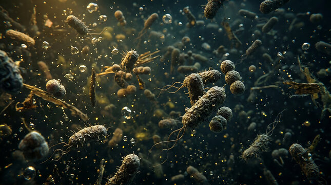 Realistic dense swarm of harmful microorganisms in dark liquid environment with suspended particles illustrating contamination infection biofilm growth and microbiology danger