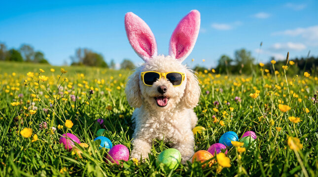 Funny white poodle dog wearing bunny ears and sunglasses sitting in a flower meadow with colorful Easter eggs