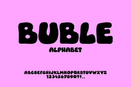 Bubble playful font. Typeface with balloon effect. Y2K alphabet for headings. Wavy groovy letters and numbers. Bold black and white typescript. Rounded font. Plump alphabet