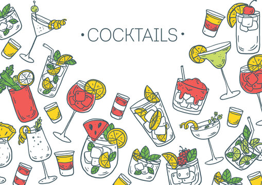 Hand drawn cocktail sketch frame. Whimsical drinks doodles set. Hand drawn vector illustration for menu, packaging design. Cocktails quirky icons, simple sketch style. Partially colored drawing
